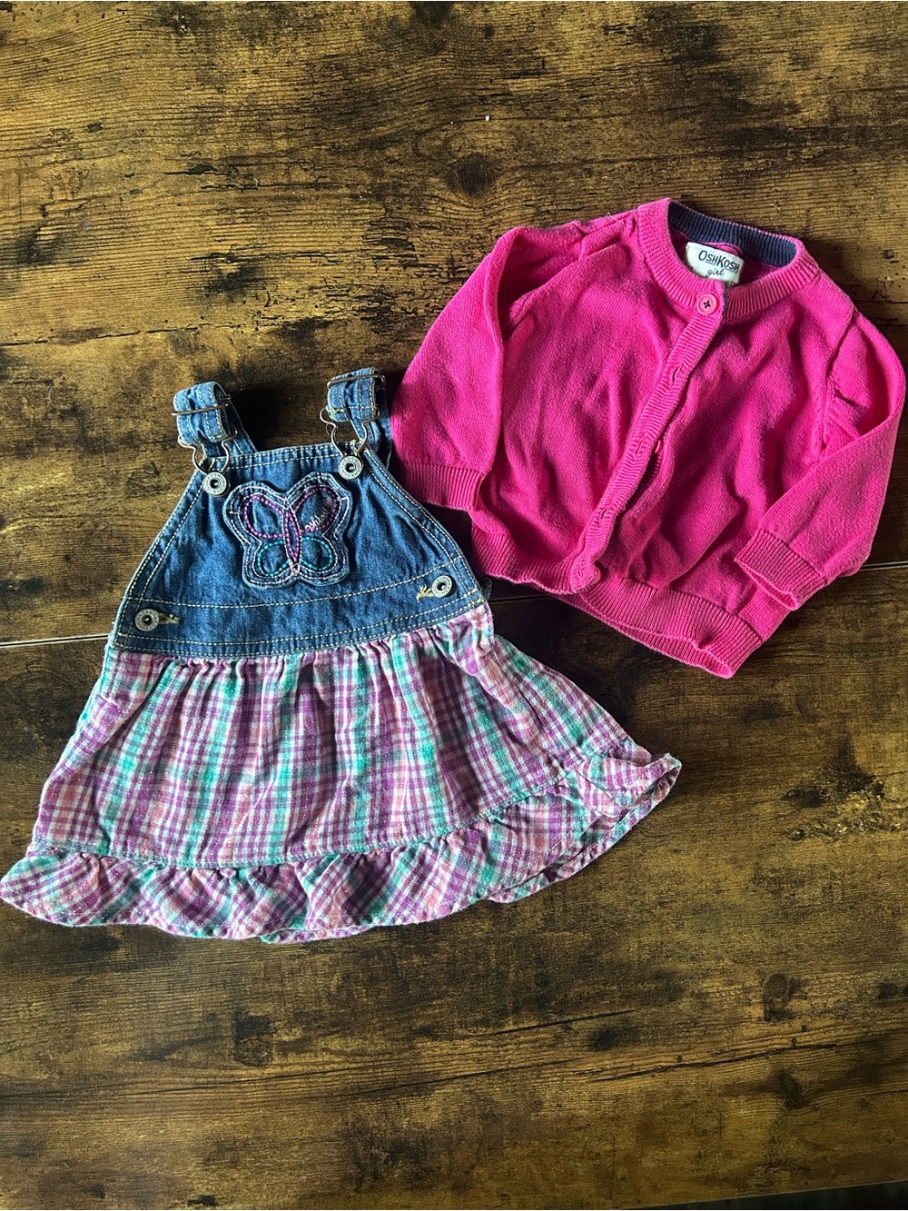 OshKosh B'gosh Bright Pink Baby Sweater with Butterfly Overall Dress